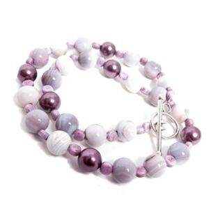 PURPLE AGATE PEARL BEADED NECKLACE LAVENDER GREY STONE TOGGLE CLASP 17 INCH